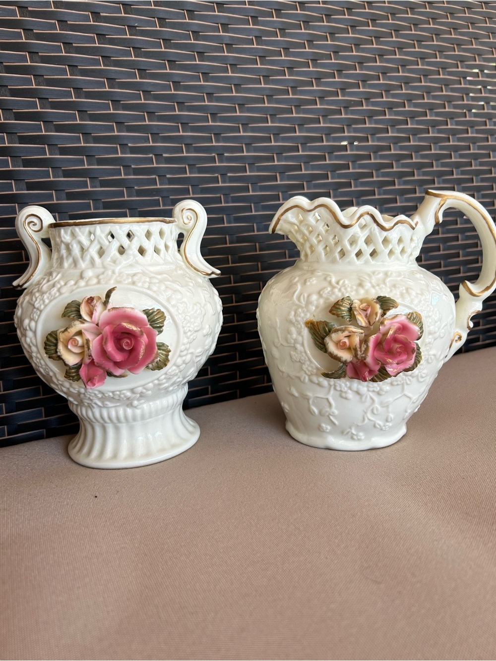 Ornate White Ceramic Pitcher and Vase Set with Pink Rose Accents
